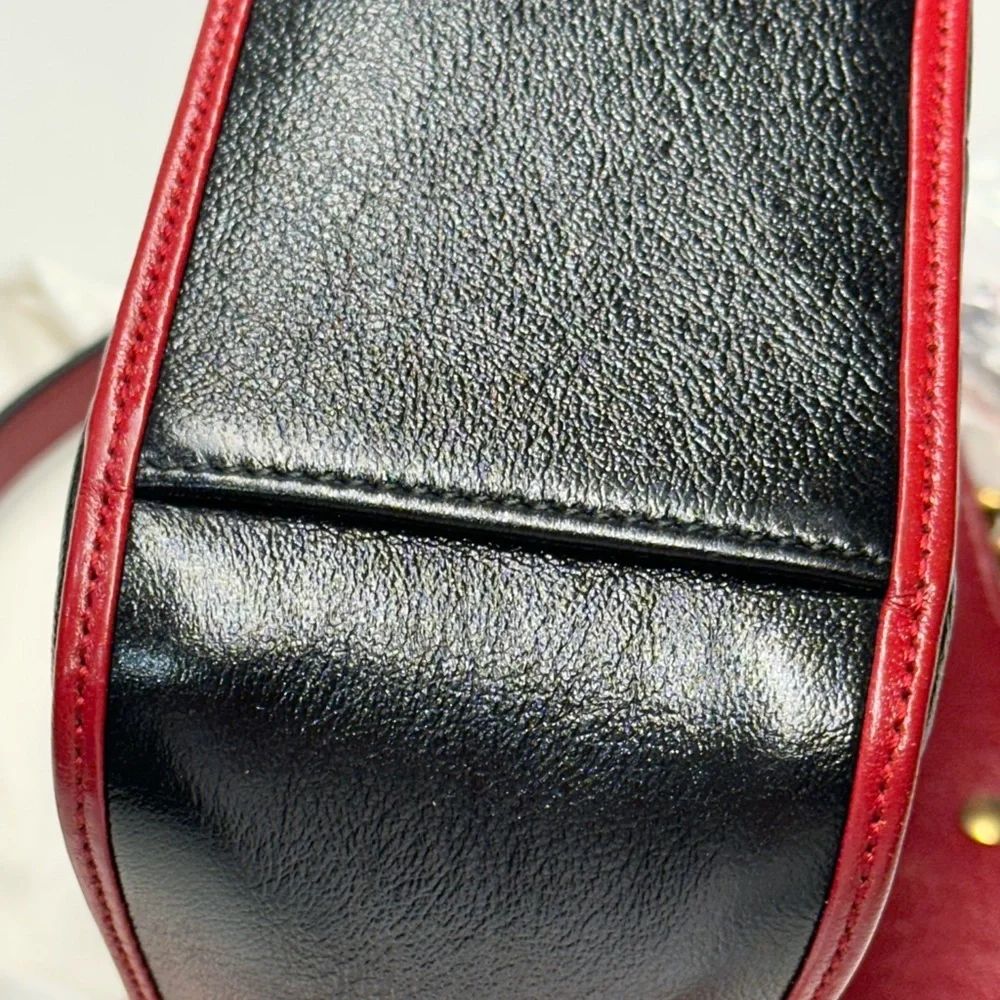 Gucci Marmont Black Quilted Leather Top Handle Satchel Shoulder Bag Red Trim